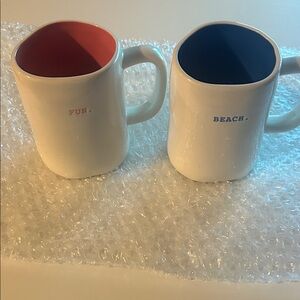 Set of Two White Mugs with Fun and Beach Designs Rae Dunn